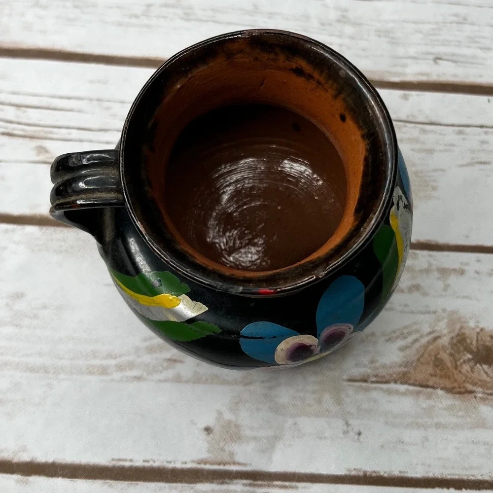 Handmade Mexican Pottery Mug Black Floral Hand Painted Red Ware Folk Art 4.5in